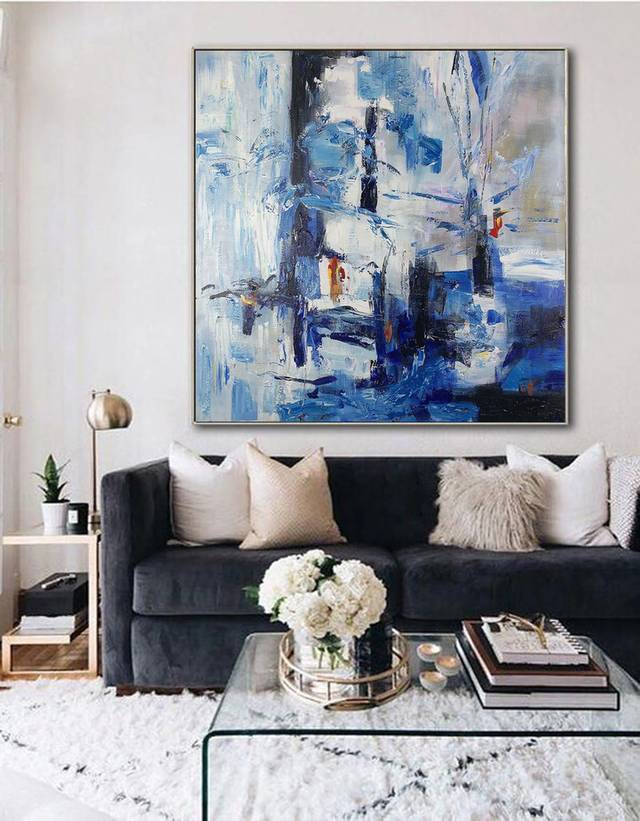 Bedroom Original White Abstract Blue Abstract Canvas Wall Art J9YM3